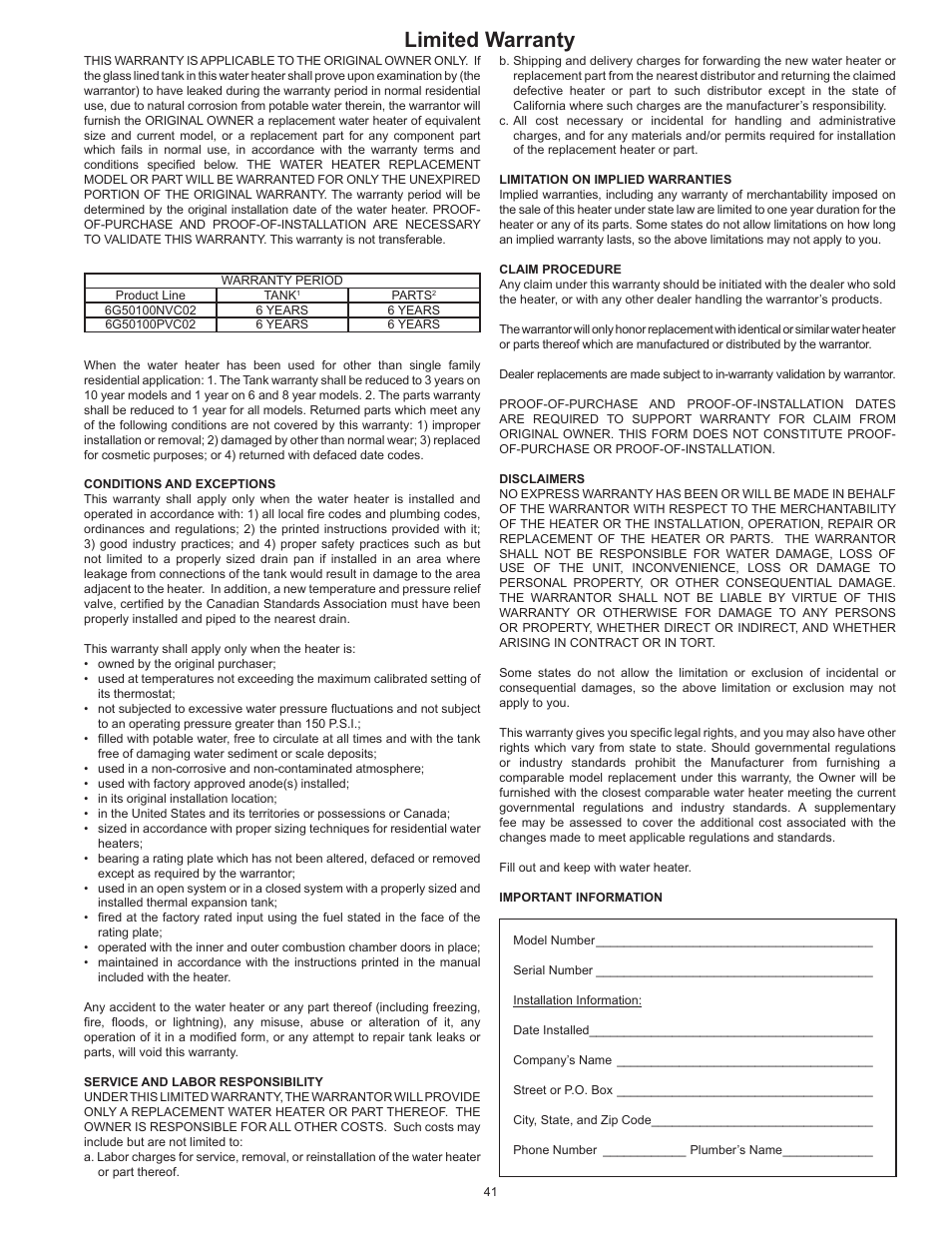 Limited warranty | John Wood Envirosense Power Direct Vent (prior to May 2010) User Manual | Page 41 / 42