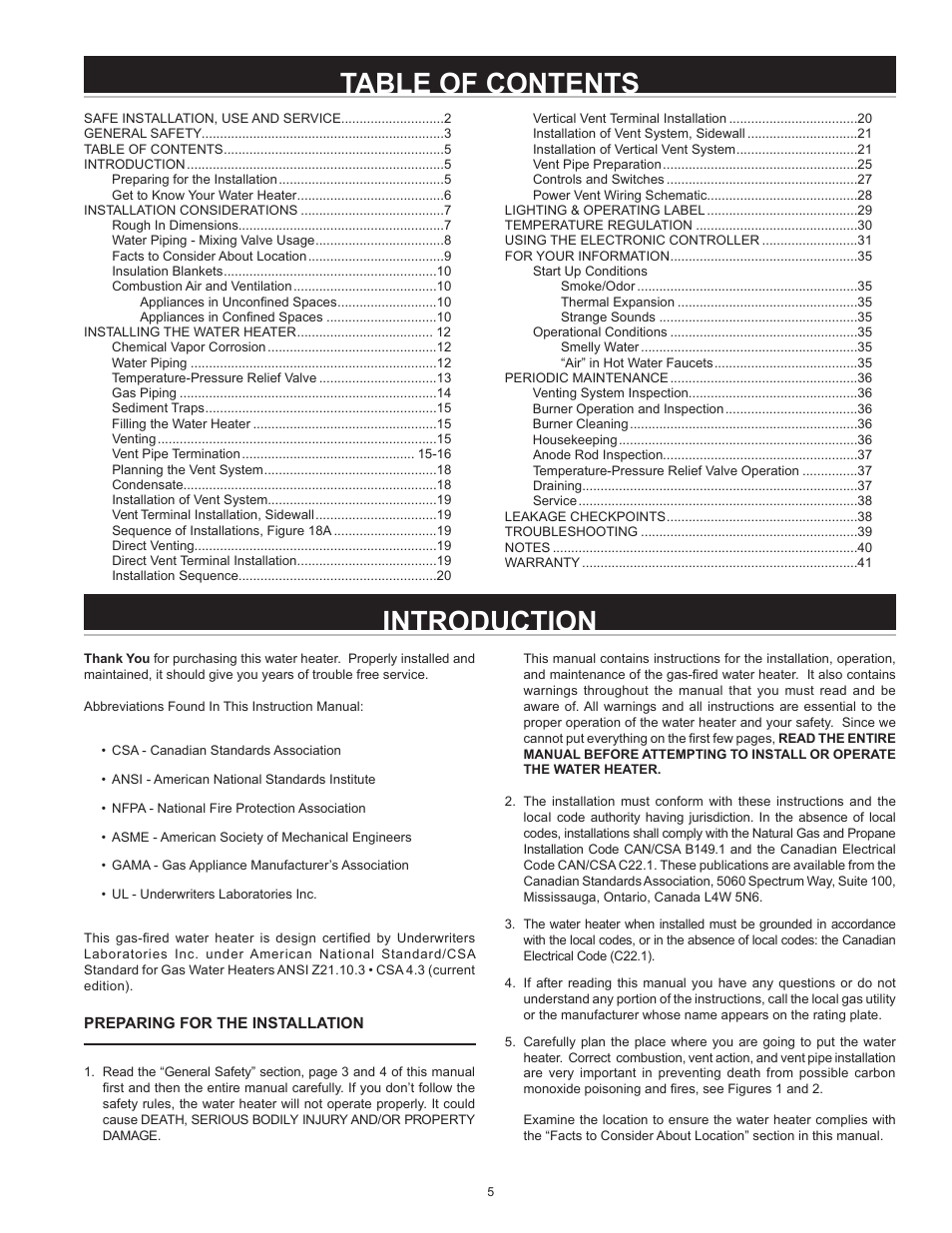 Introduction table of contents | John Wood Envirosense Power Direct Vent (prior to May 2010) User Manual | Page 5 / 42