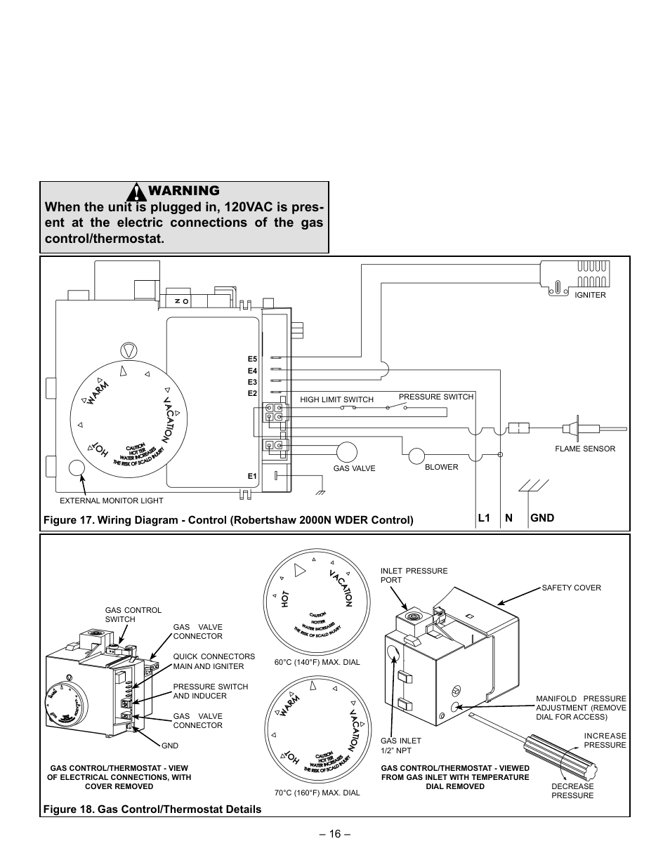 L1 n gnd, Figure 18. gas control/thermostat details | John Wood Power Direct Vent (ENERGY STAR) User Manual | Page 16 / 34