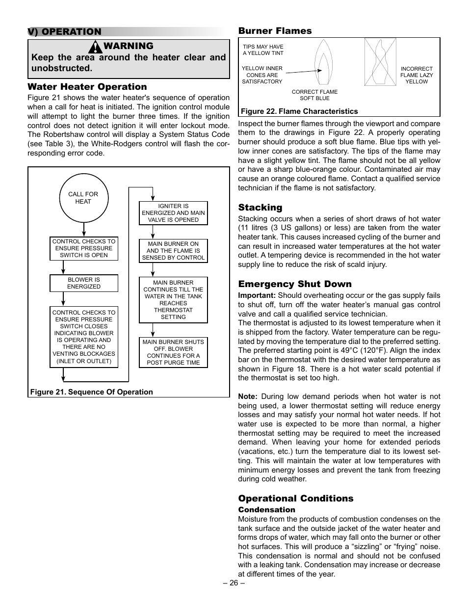 Burner flames, Stacking, Emergency shut down | Operational conditions | John Wood Power Direct Vent (ENERGY STAR) User Manual | Page 26 / 34