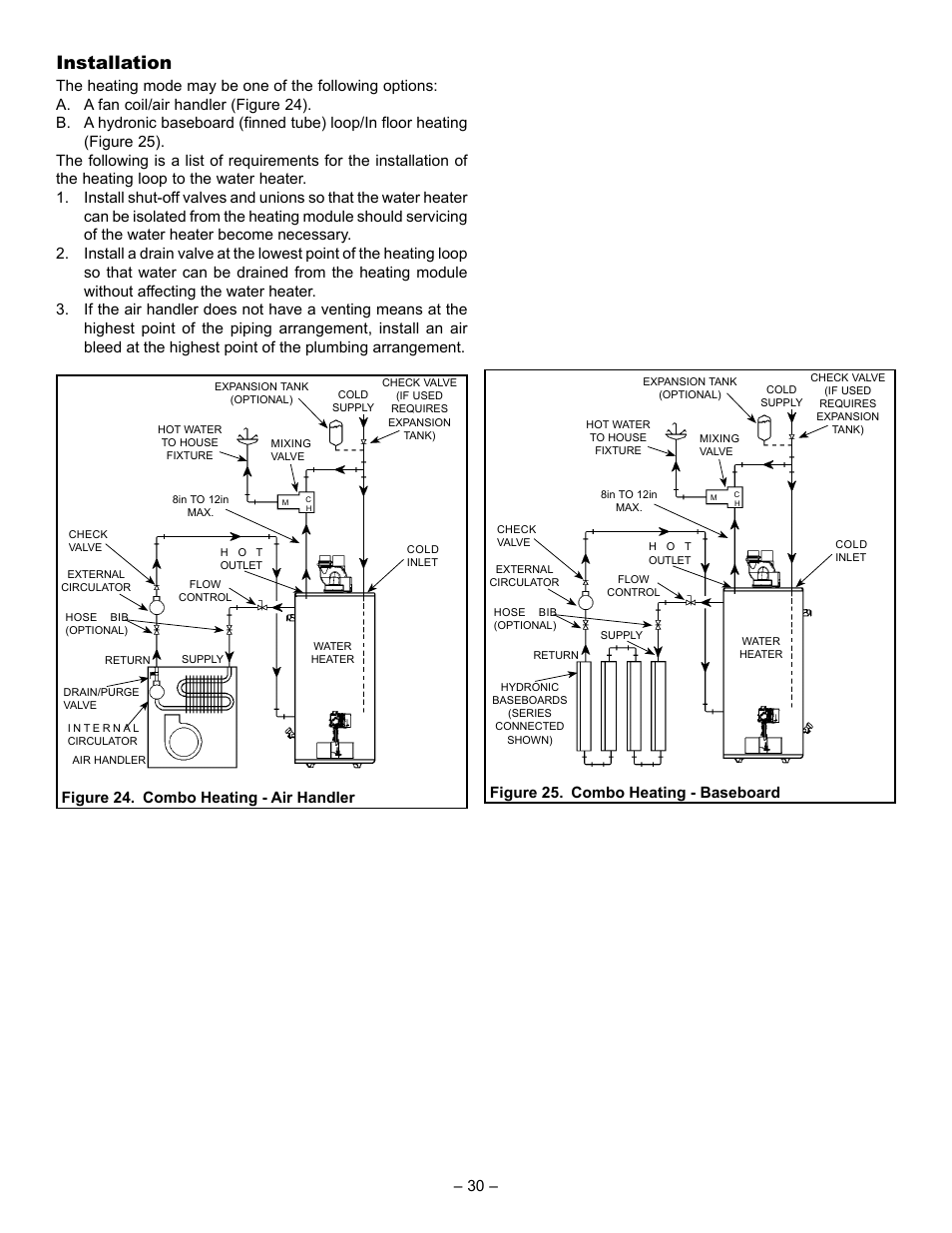 Installation, Figure 24. combo heating - air handler, Figure 25. combo heating - baseboard – 30 | John Wood Power Direct Vent (ENERGY STAR) User Manual | Page 30 / 34