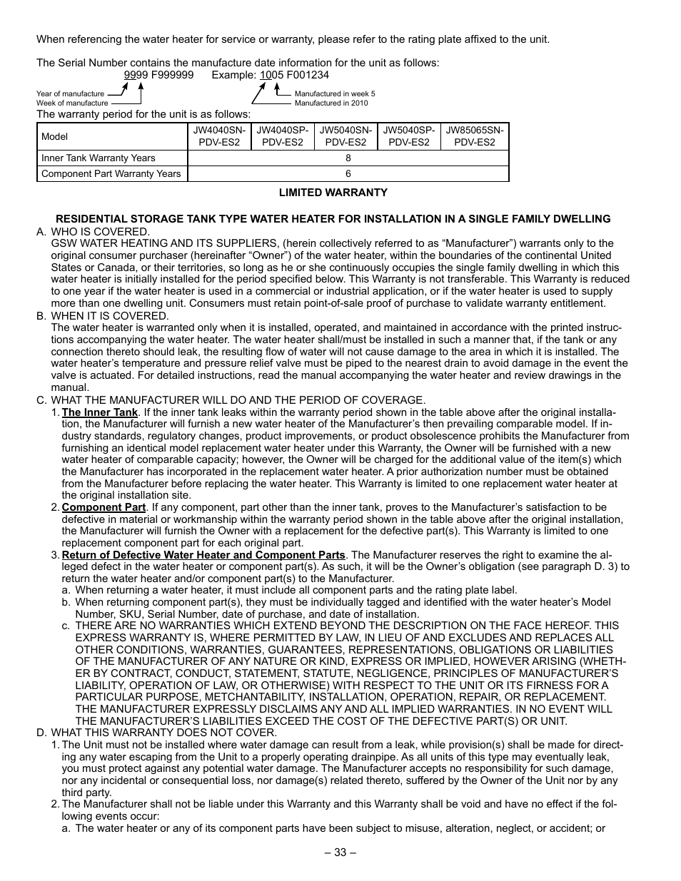 Limited warranty | John Wood Power Direct Vent (ENERGY STAR) User Manual | Page 33 / 34