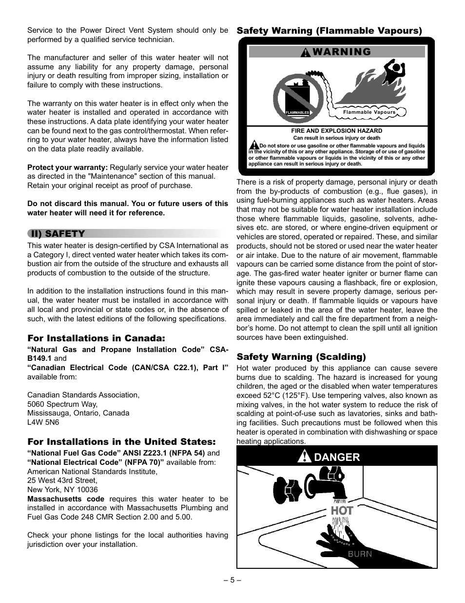 Danger, Warning, Ii) safety | For installations in canada, For installations in the united states, Safety warning (flammable vapours), Safety warning (scalding) | John Wood Power Direct Vent (ENERGY STAR) User Manual | Page 5 / 34