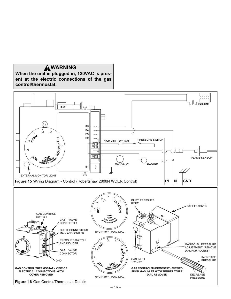 Warning, L1 n gnd, Figure 16 gas control/thermostat details | John Wood Power Direct Vent (Non-ENERGY STAR qualified models) User Manual | Page 16 / 34