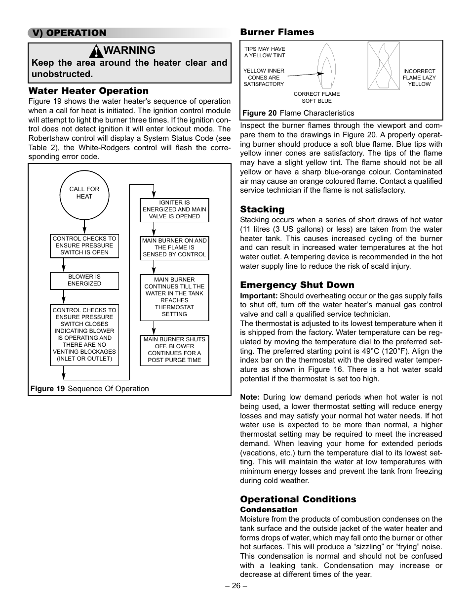 Warning, V) operation water heater operation, Burner flames | Stacking, Emergency shut down, Operational conditions | John Wood Power Direct Vent (Non-ENERGY STAR qualified models) User Manual | Page 26 / 34