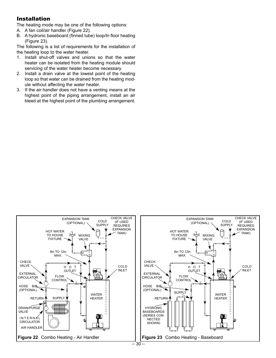 Installation, Figure 22 combo heating - air handler, Figure 23 combo heating - baseboard | John Wood Power Direct Vent (Non-ENERGY STAR qualified models) User Manual | Page 30 / 34