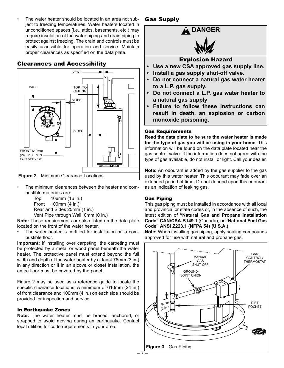 Danger, Clearances and accessibility, Gas supply | John Wood Power Direct Vent (Non-ENERGY STAR qualified models) User Manual | Page 7 / 34