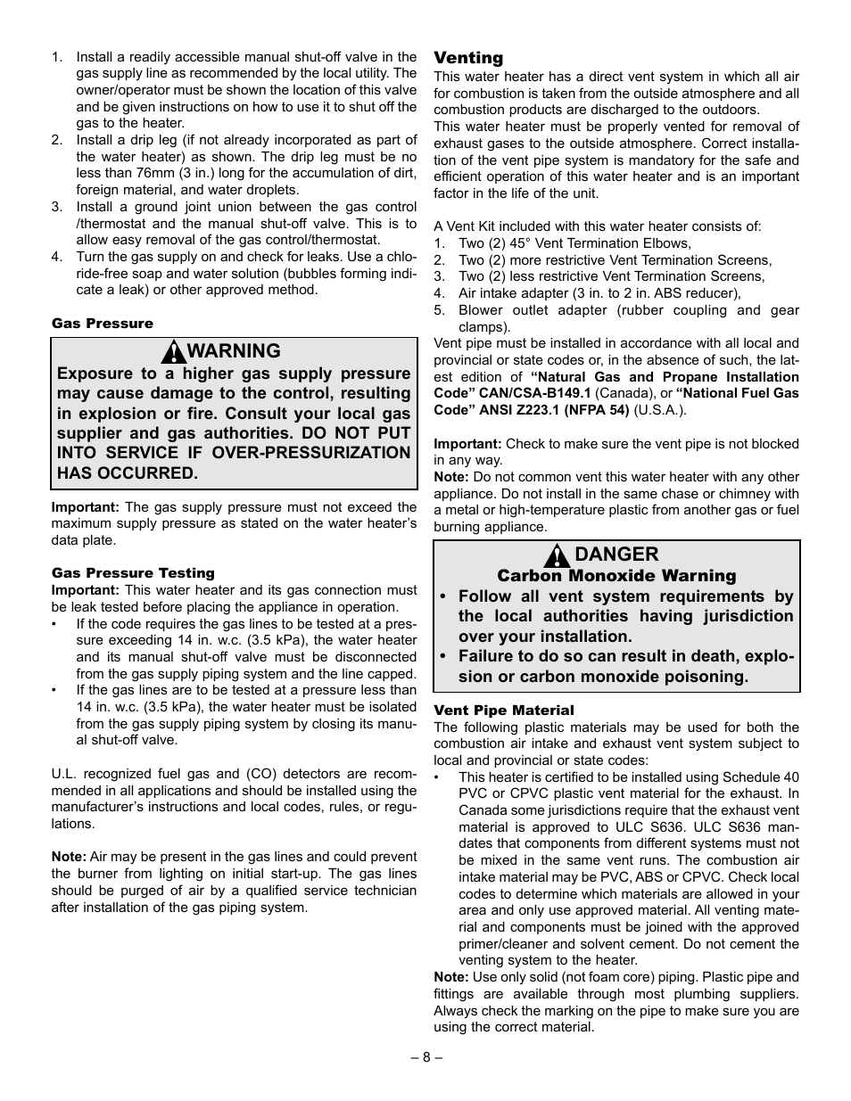 Warning, Danger | John Wood Power Direct Vent (Non-ENERGY STAR qualified models) User Manual | Page 8 / 34