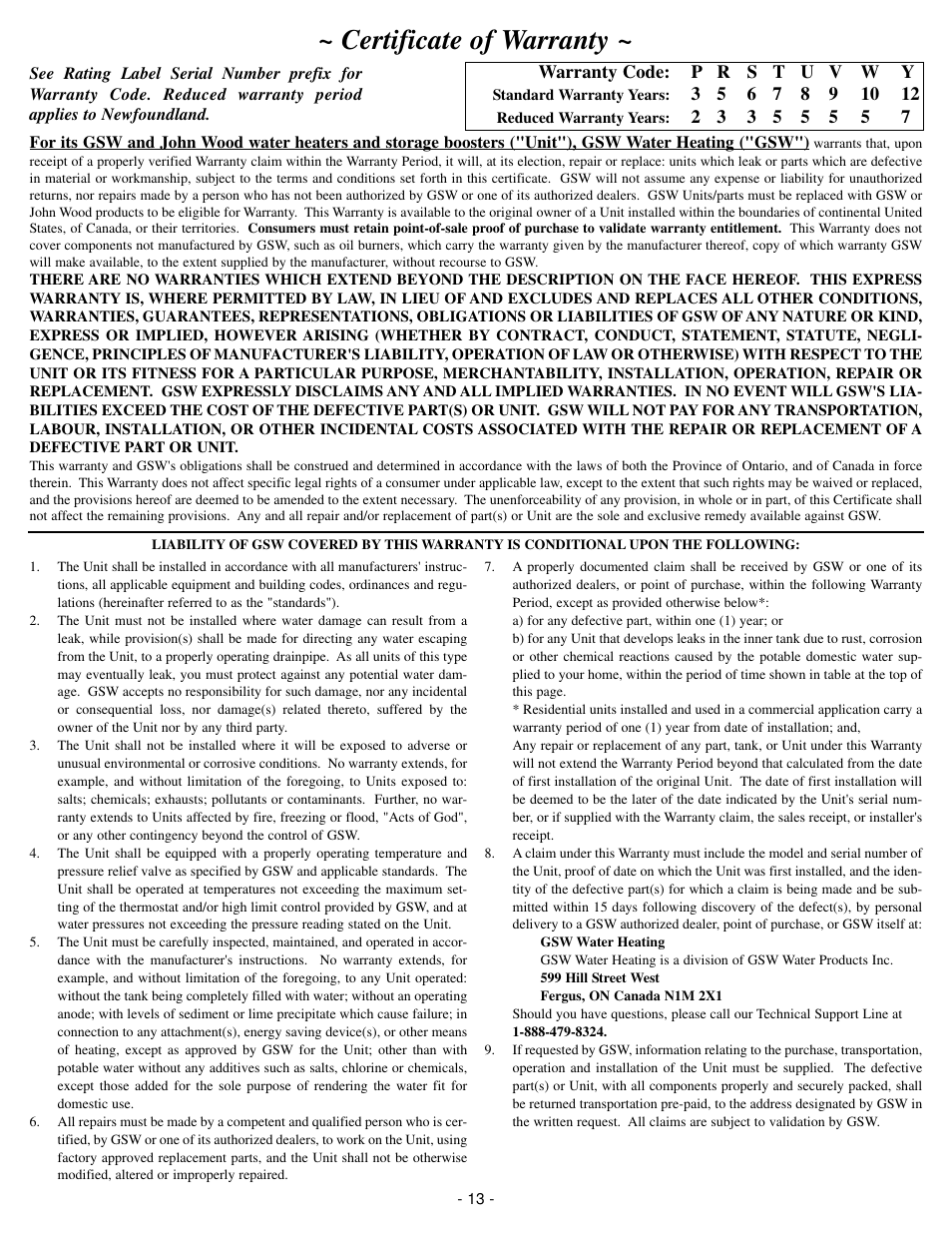 Certificate of warranty | John Wood Direct Vent Models No Longer in Production User Manual | Page 13 / 13