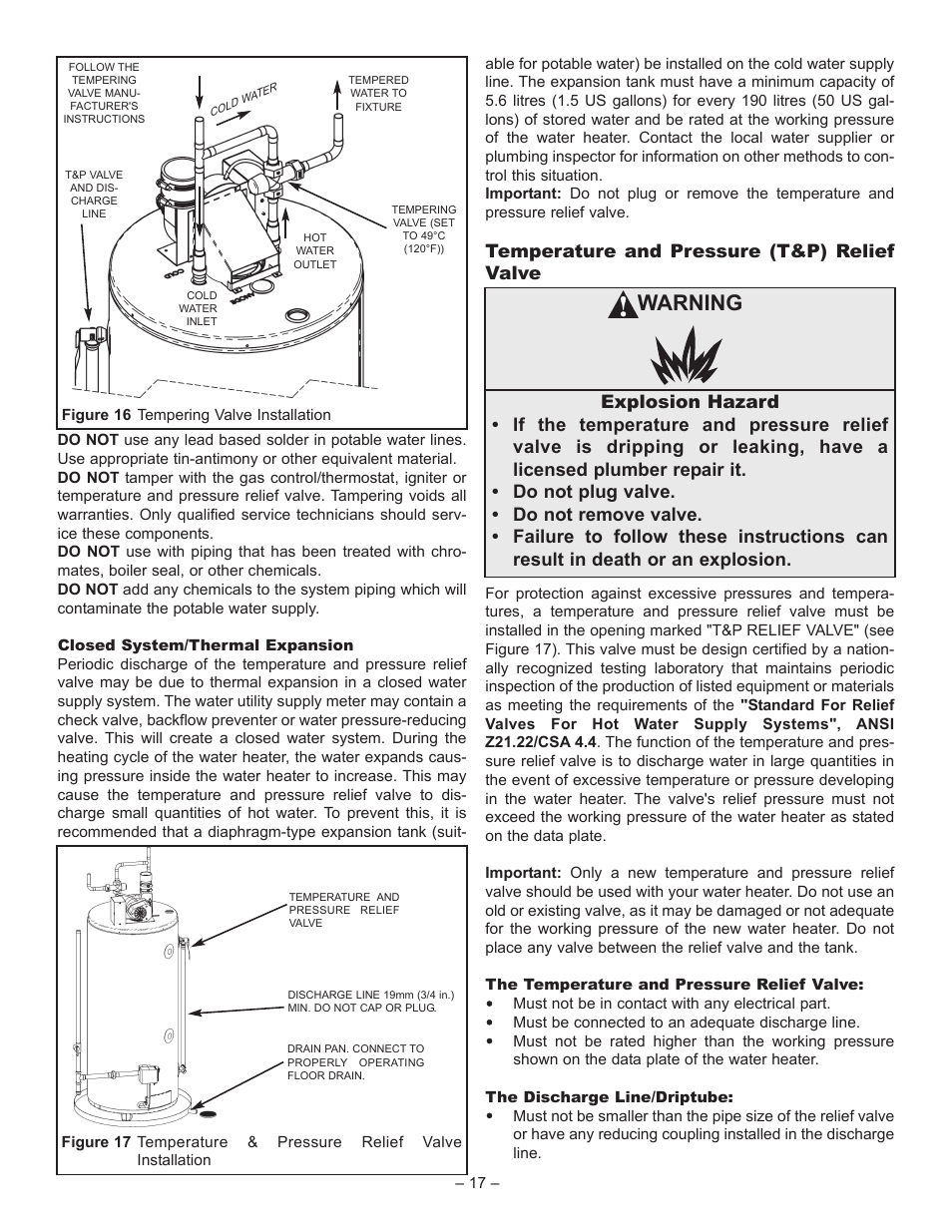 Warning, Temperature and pressure (t&p) relief valve | John Wood Superflue Power Vent (75 Gallon) User Manual | Page 17 / 38