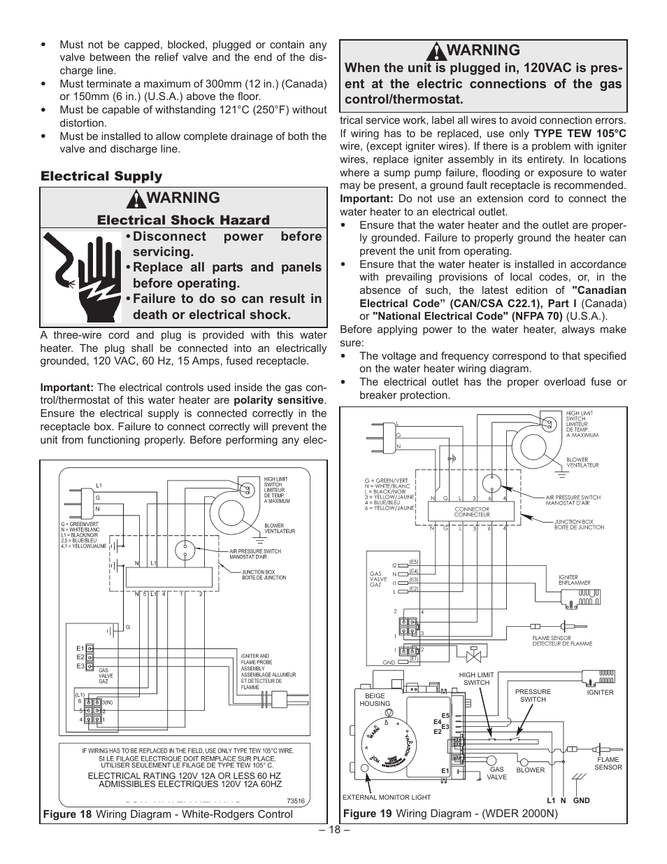 Warning, Electrical supply | John Wood Superflue Power Vent (75 Gallon) User Manual | Page 18 / 38