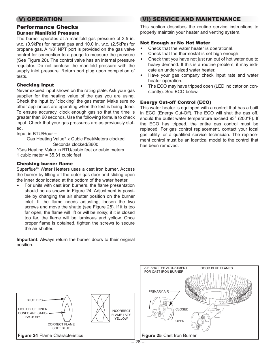 V) operation performance checks, Vi) service and maintenance | John Wood Superflue Power Vent (75 Gallon) User Manual | Page 28 / 38