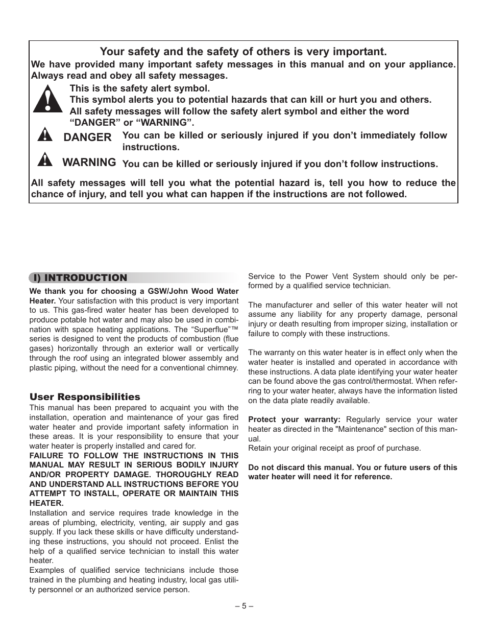 Danger warning | John Wood Superflue Power Vent (75 Gallon) User Manual | Page 5 / 38