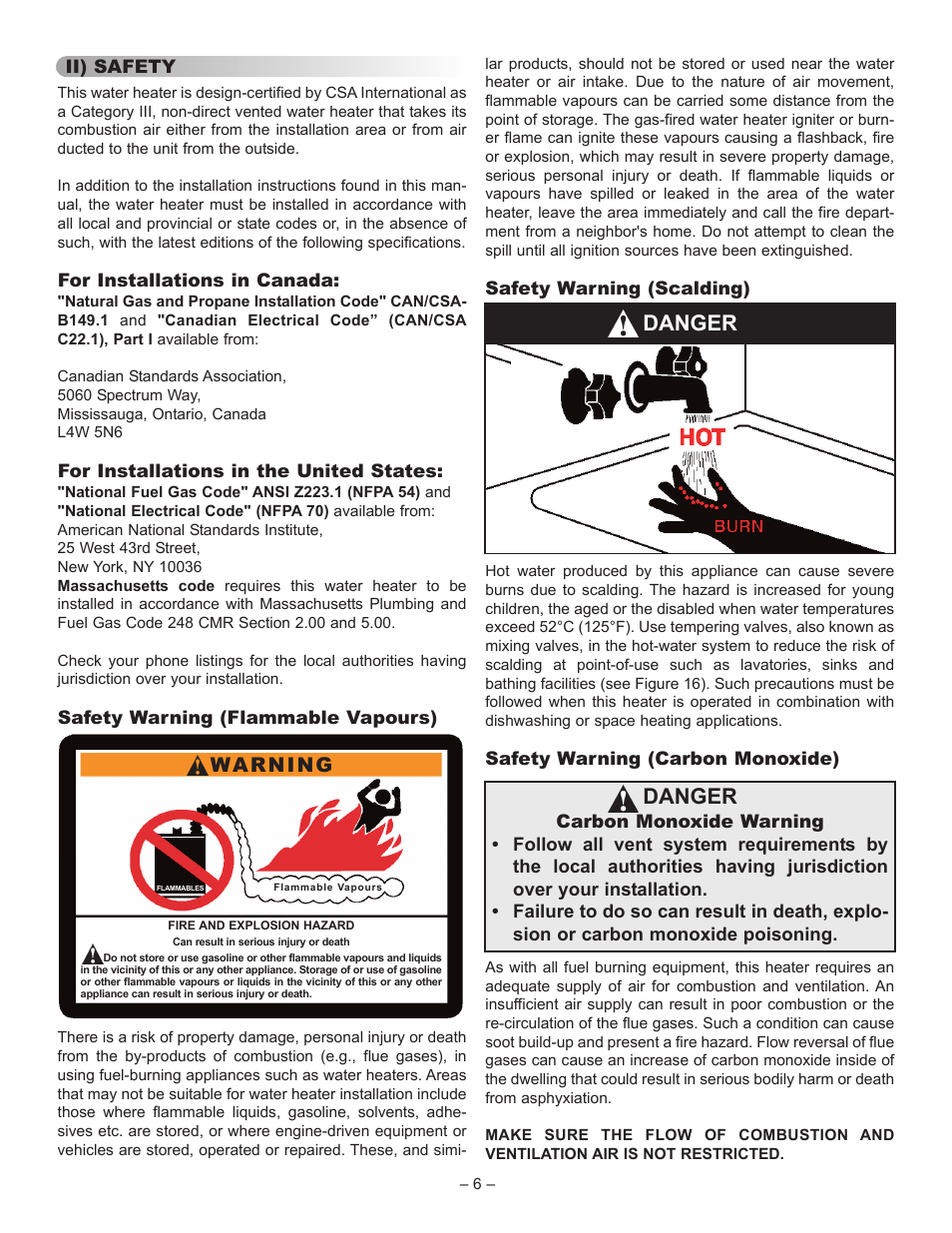 Danger, Warning | John Wood Superflue Power Vent (75 Gallon) User Manual | Page 6 / 38