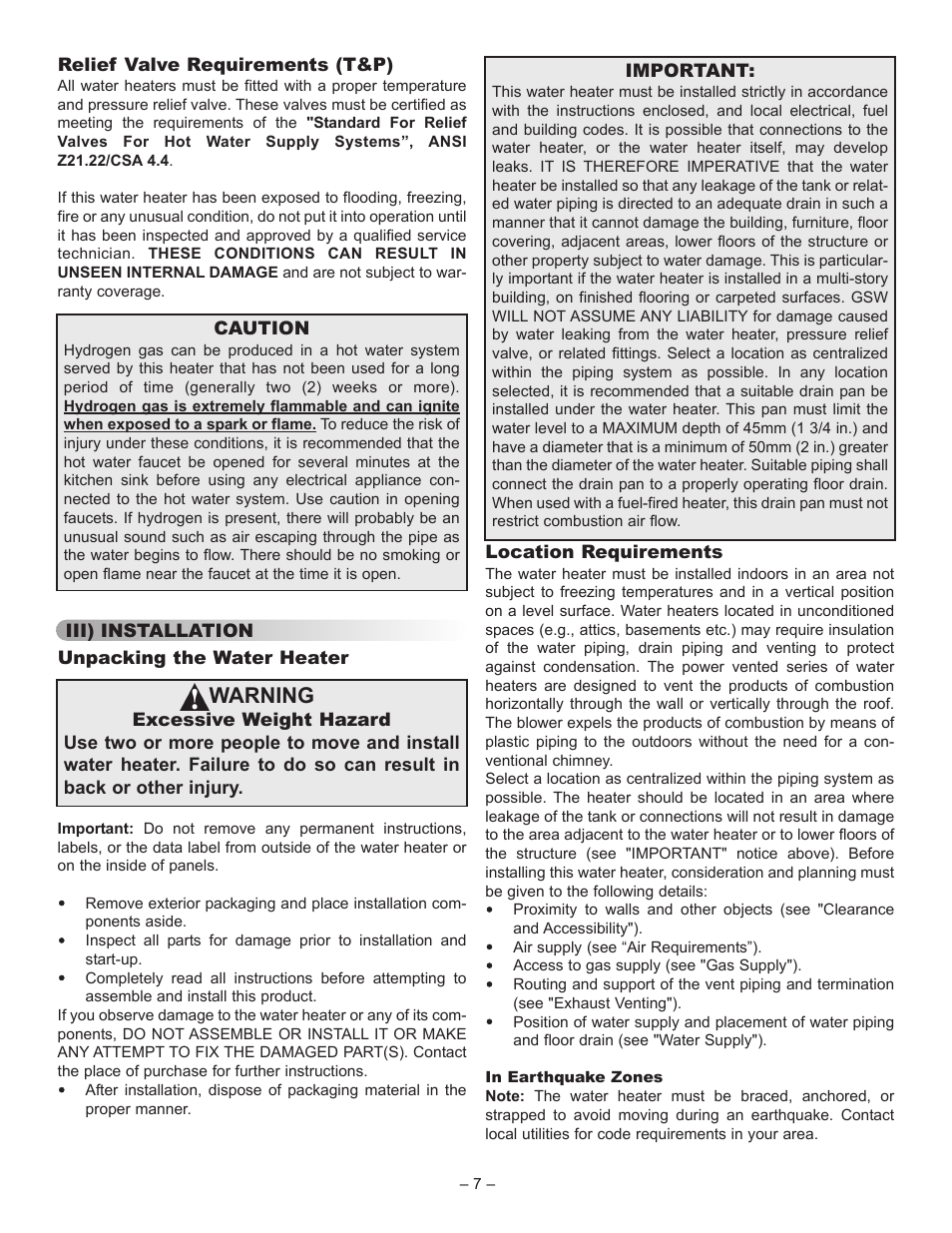 Warning | John Wood Superflue Power Vent (75 Gallon) User Manual | Page 7 / 38