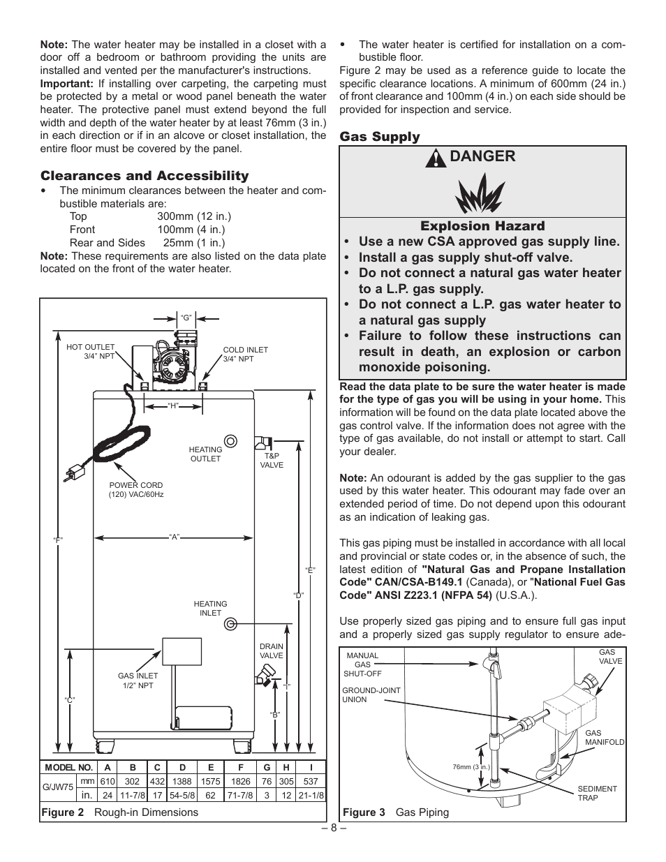 Danger, Clearances and accessibility, Gas supply | John Wood Superflue Power Vent (75 Gallon) User Manual | Page 8 / 38