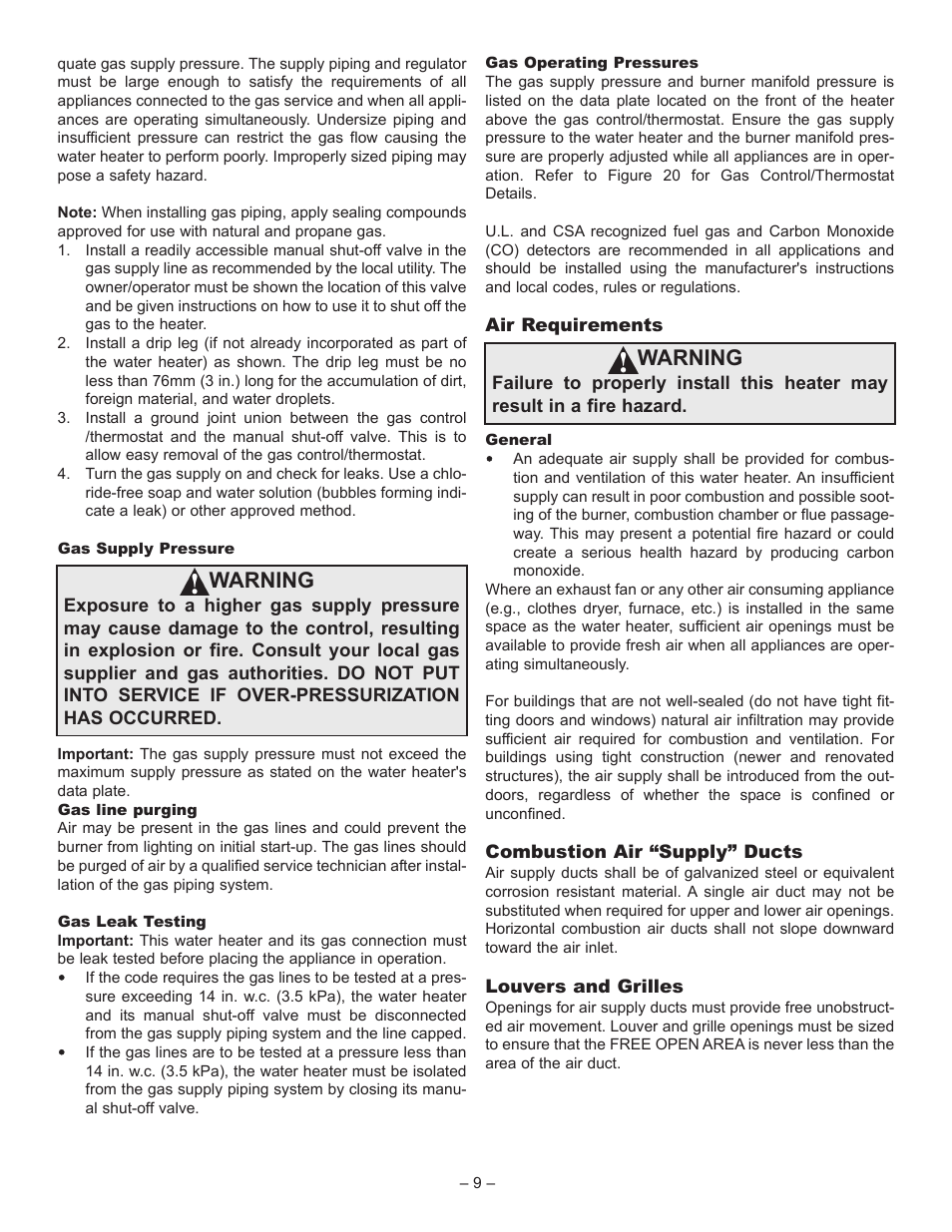 Warning | John Wood Superflue Power Vent (75 Gallon) User Manual | Page 9 / 38