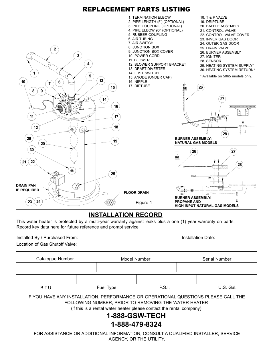 Replacement parts listing, Installation record | John Wood Superflue Power Vent (before FVIR technology) User Manual | Page 2 / 21