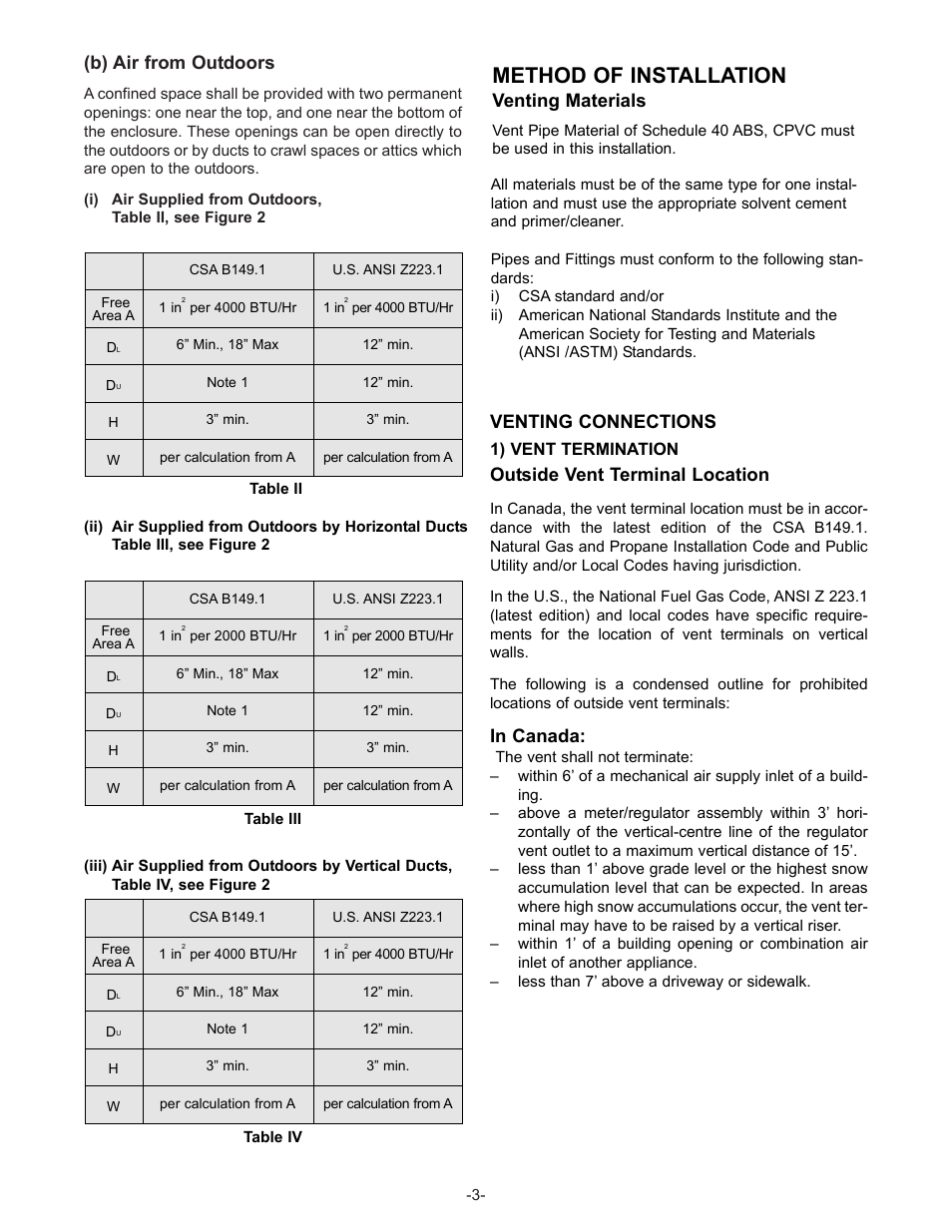 Method of installation, B) air from outdoors, Venting materials | Venting connections, Outside vent terminal location | John Wood Superflue Power Vent (before FVIR technology) User Manual | Page 5 / 21