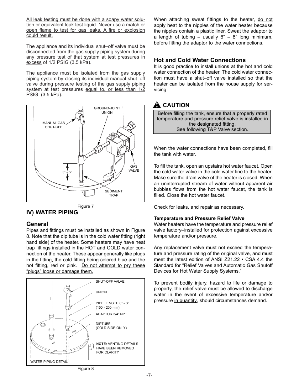 Iv) water piping general, Hot and cold water connections, Caution | John Wood Superflue Power Vent (before FVIR technology) User Manual | Page 9 / 21