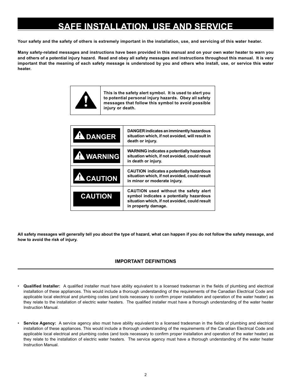 Safe installation, use and service, Danger warning caution, Caution | John Wood Electric Water Heaters - NEW User Manual | Page 2 / 28