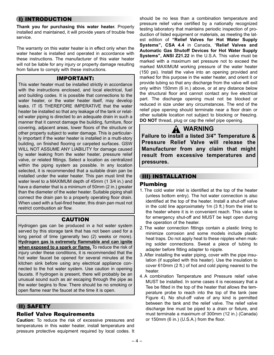 Warning | John Wood Electric Water Heaters User Manual | Page 4 / 12