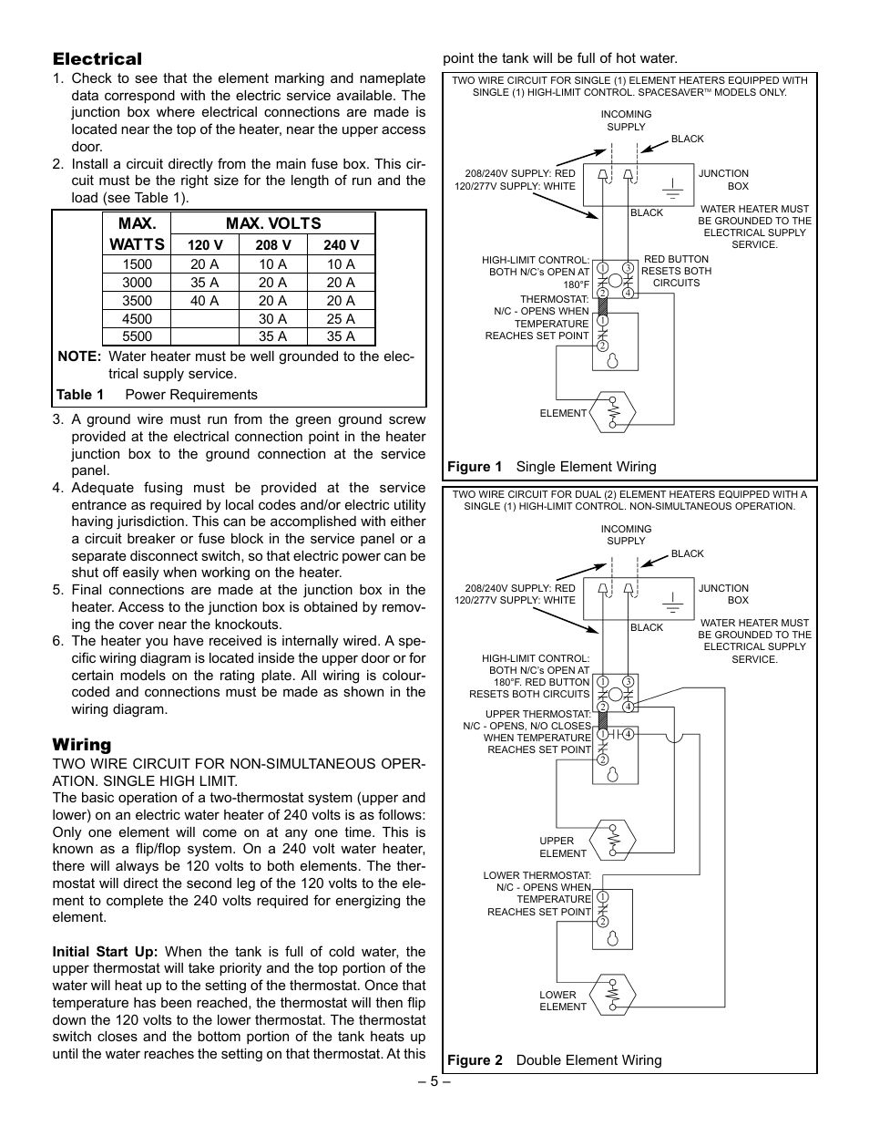 Electrical, Wiring, Max. watts | Max. volts | John Wood Electric Water Heaters User Manual | Page 5 / 12