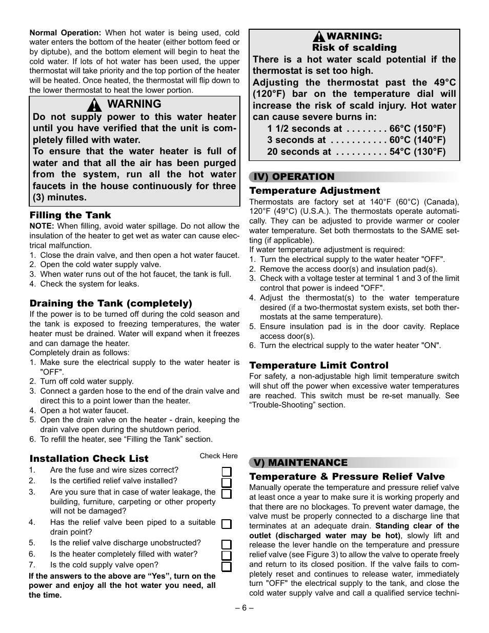 Warning | John Wood Electric Water Heaters User Manual | Page 6 / 12