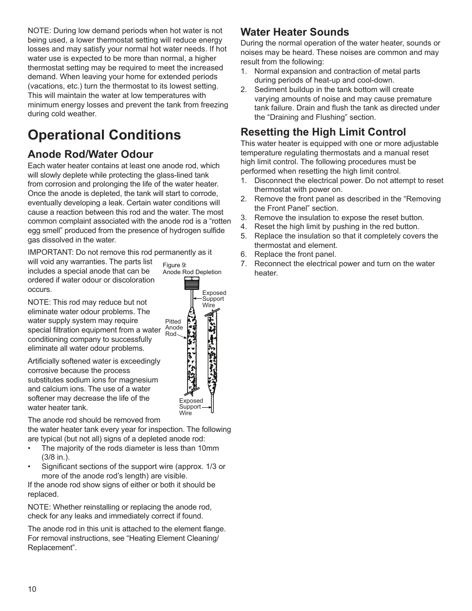 Operational conditions, Anode rod/water odour, Water heater sounds | Resetting the high limit control | John Wood SpaceSaver (2.5 Gallon) User Manual | Page 10 / 16