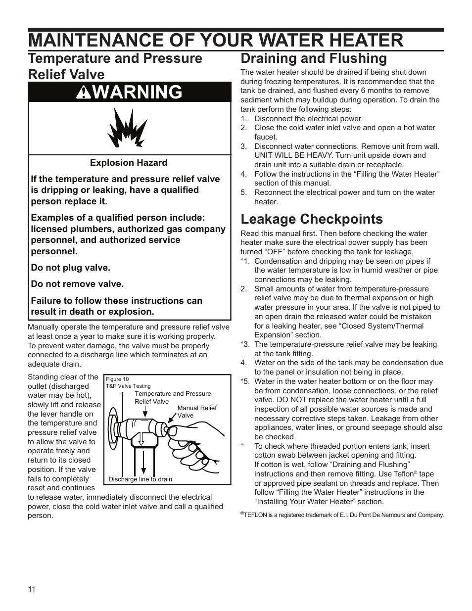 Maintenance of your water heater, Warning, Temperature and pressure relief valve | Draining and flushing, Leakage checkpoints | John Wood SpaceSaver (2.5 Gallon) User Manual | Page 11 / 16