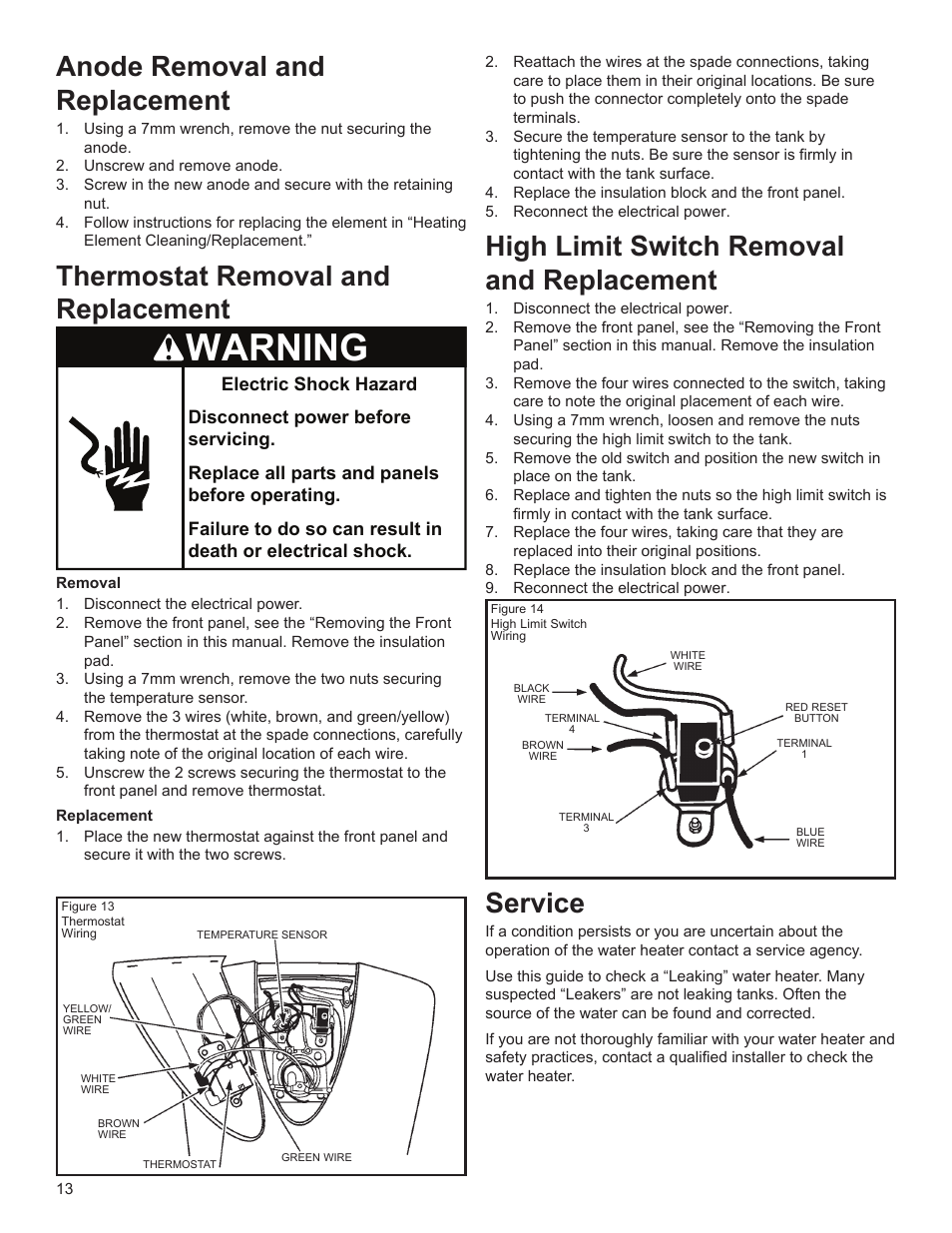 Warning, Anode removal and replacement, Thermostat removal and replacement | High limit switch removal and replacement, Service | John Wood SpaceSaver (2.5 Gallon) User Manual | Page 13 / 16