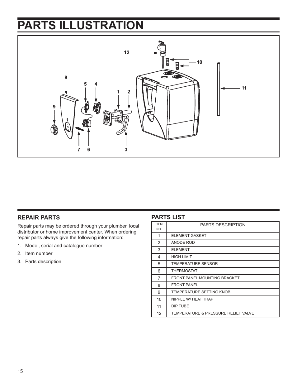 Parts illustration, Repair parts, Parts list | John Wood SpaceSaver (2.5 Gallon) User Manual | Page 15 / 16