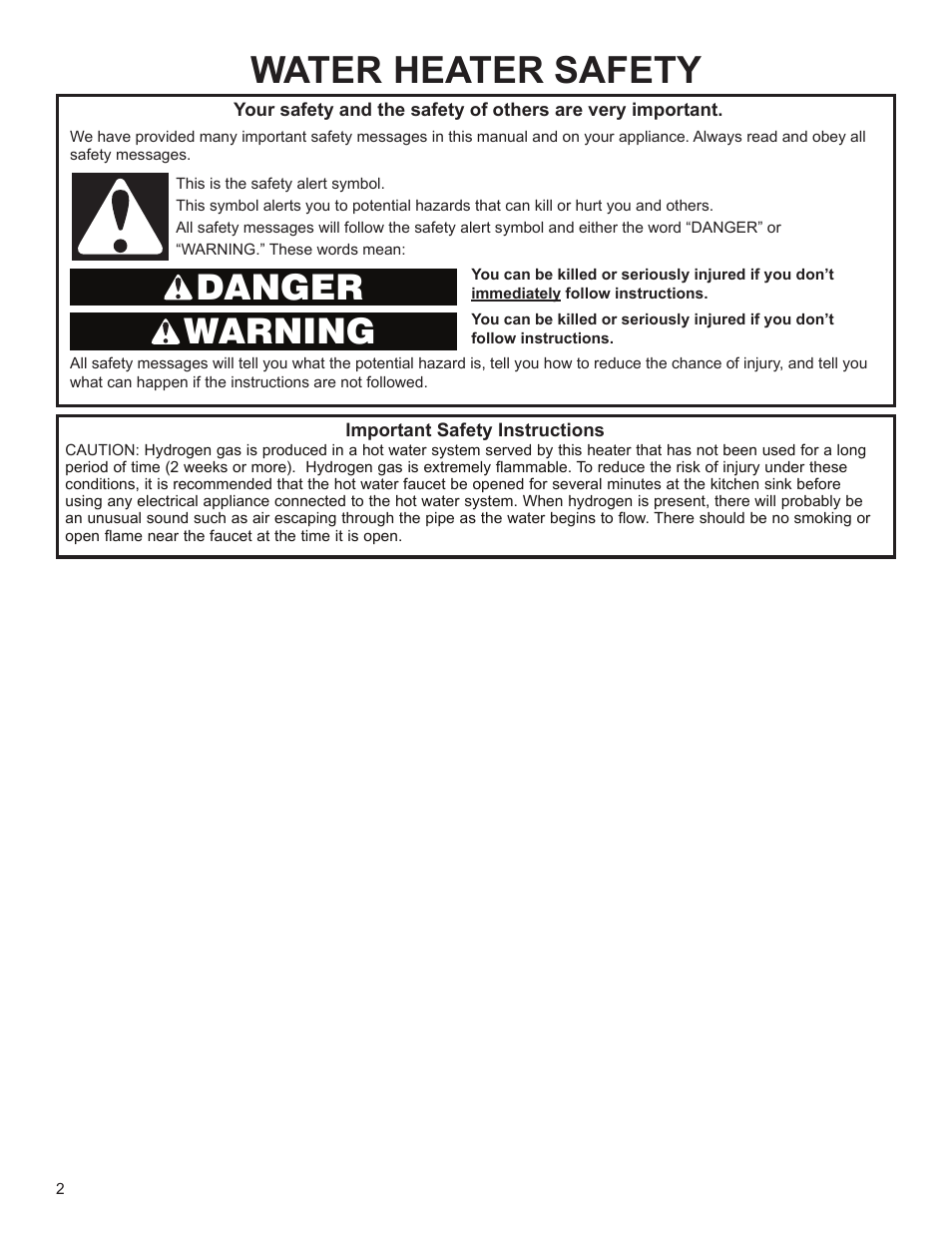 Water heater safety, Warning danger | John Wood SpaceSaver (2.5 Gallon) User Manual | Page 2 / 16