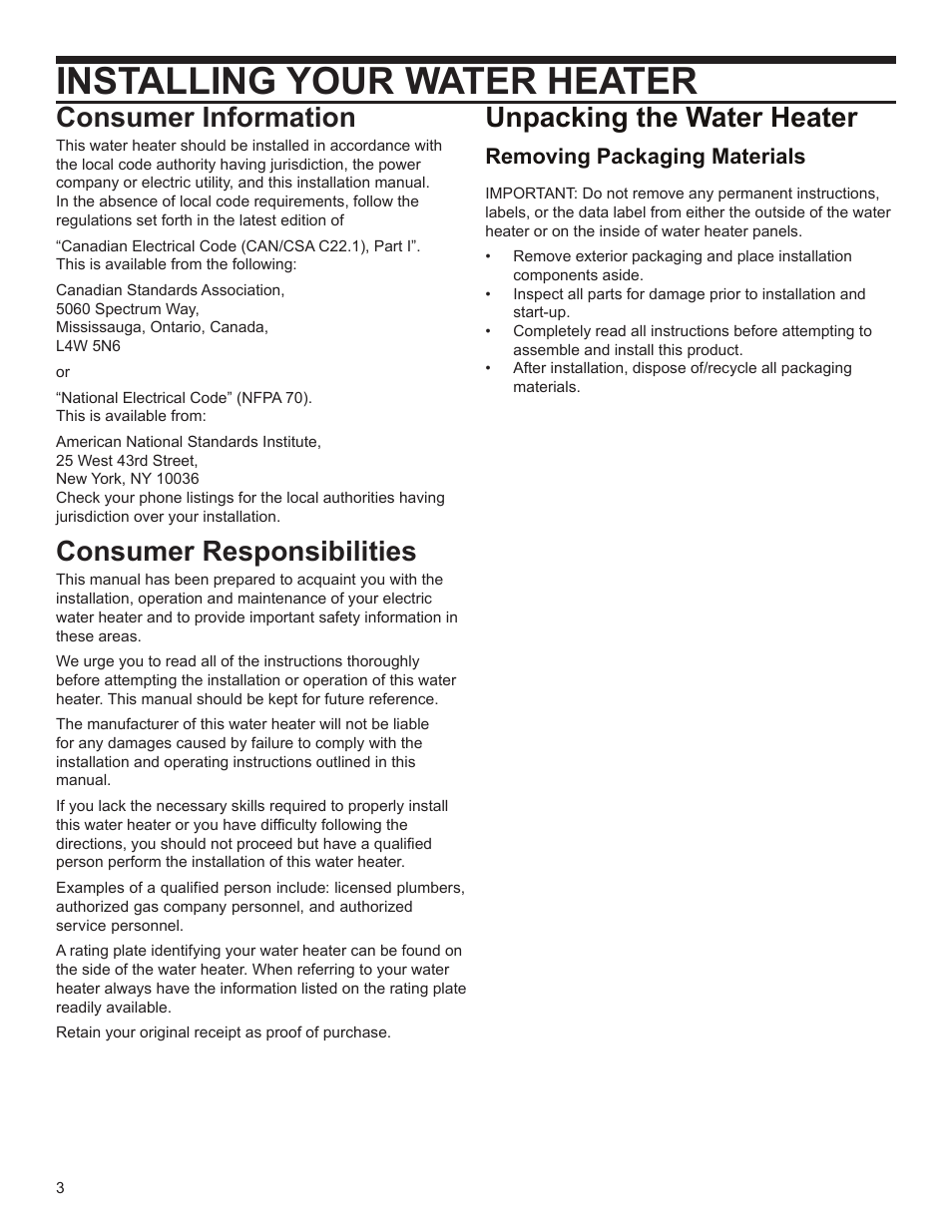 Installing your water heater, Consumer information, Consumer responsibilities | Unpacking the water heater | John Wood SpaceSaver (2.5 Gallon) User Manual | Page 3 / 16