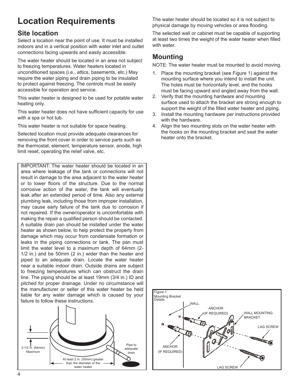 Location requirements, Site location, Mounting | John Wood SpaceSaver (2.5 Gallon) User Manual | Page 4 / 16