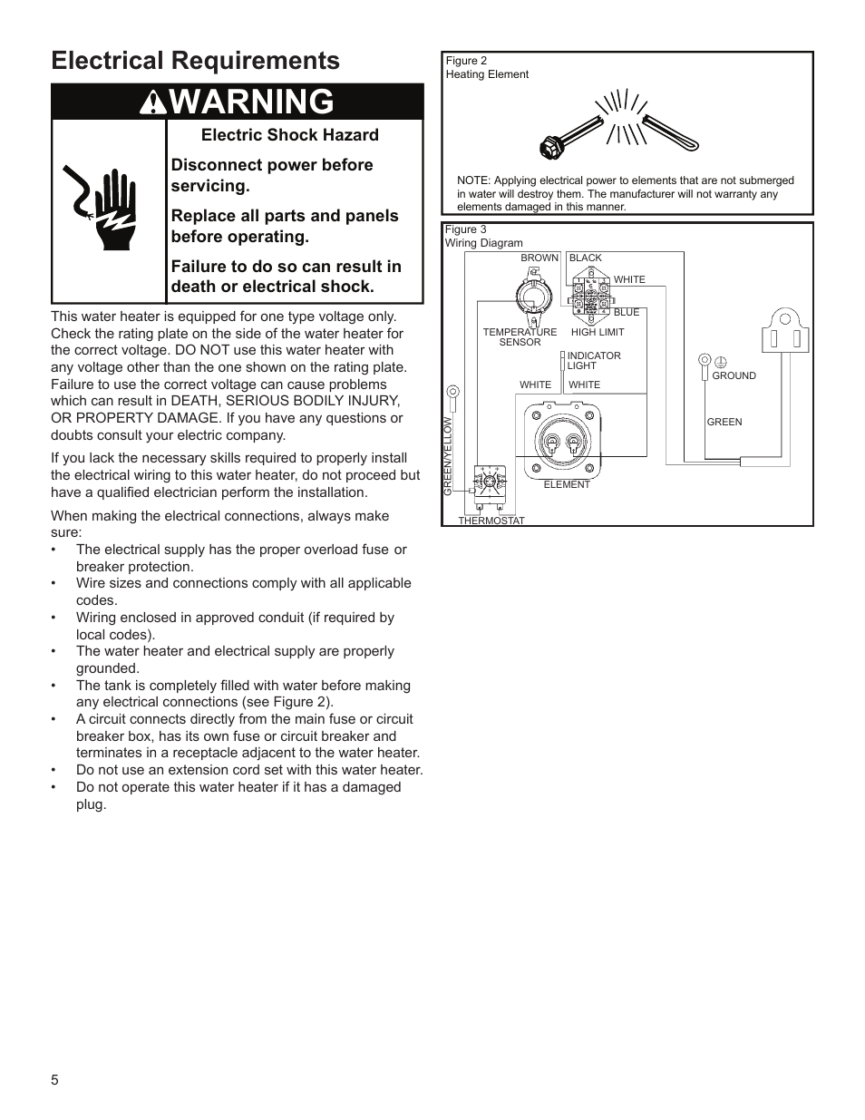 Warning, Electrical requirements | John Wood SpaceSaver (2.5 Gallon) User Manual | Page 5 / 16