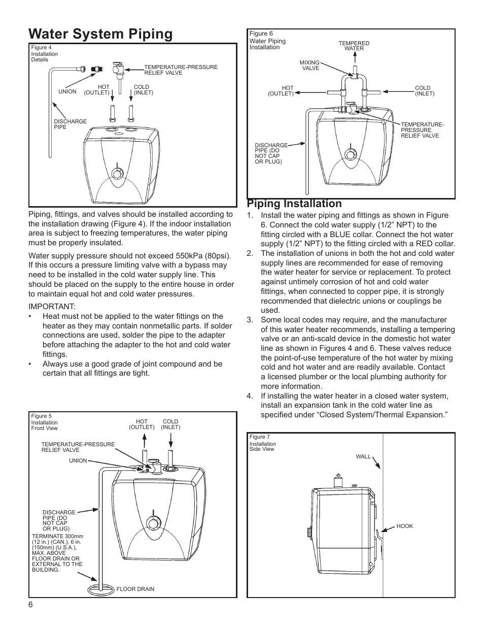 Water system piping, Piping installation | John Wood SpaceSaver (2.5 Gallon) User Manual | Page 6 / 16