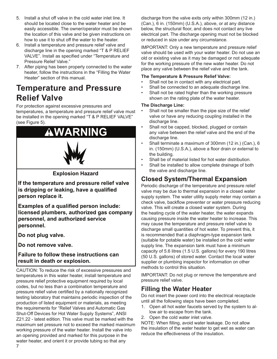 Warning, Temperature and pressure relief valve, Closed system/thermal expansion | Filling the water heater | John Wood SpaceSaver (2.5 Gallon) User Manual | Page 7 / 16