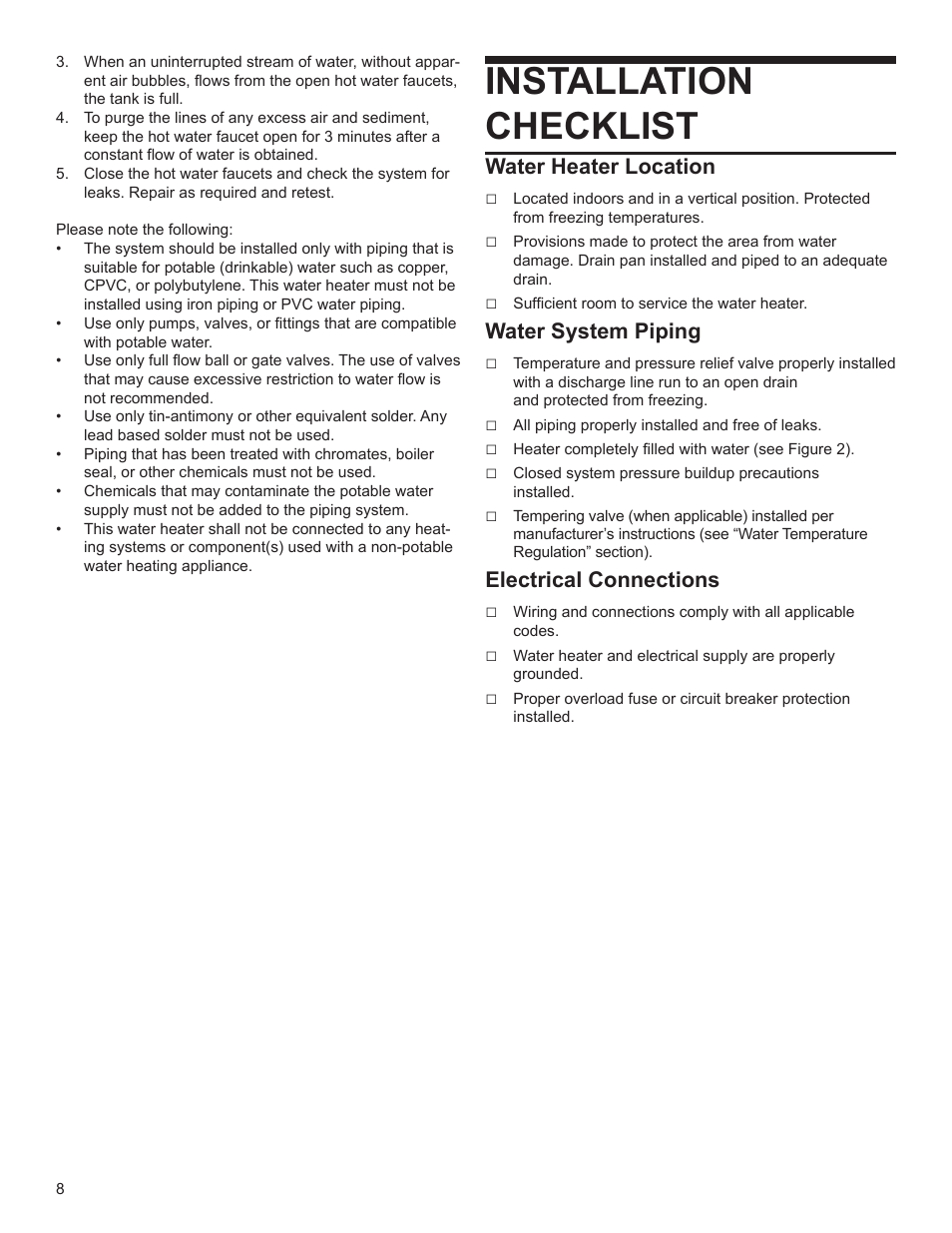 Installation checklist, Water heater location, Water system piping | Electrical connections | John Wood SpaceSaver (2.5 Gallon) User Manual | Page 8 / 16