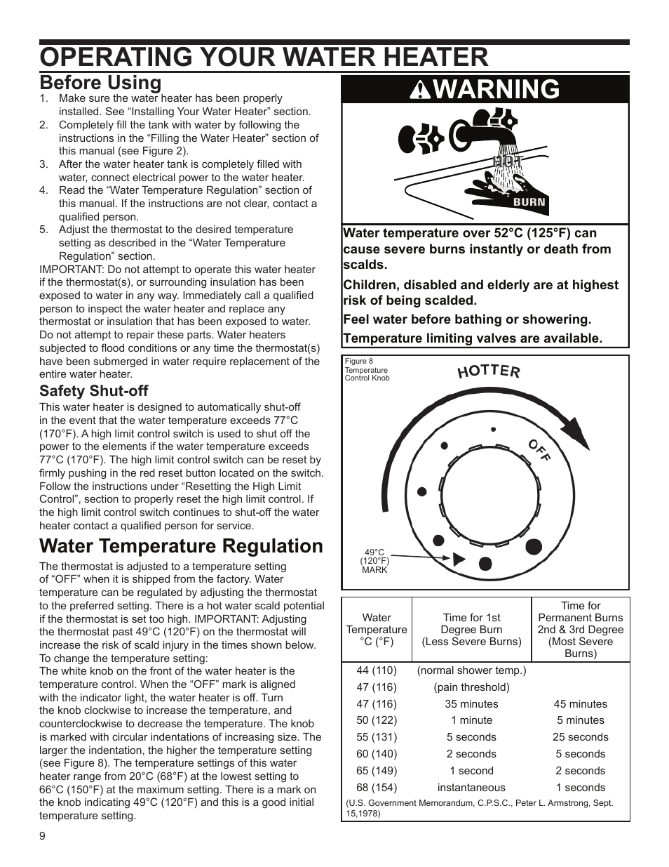 Operating your water heater, Warning, Before using | Water temperature regulation, Safety shut-off | John Wood SpaceSaver (2.5 Gallon) User Manual | Page 9 / 16