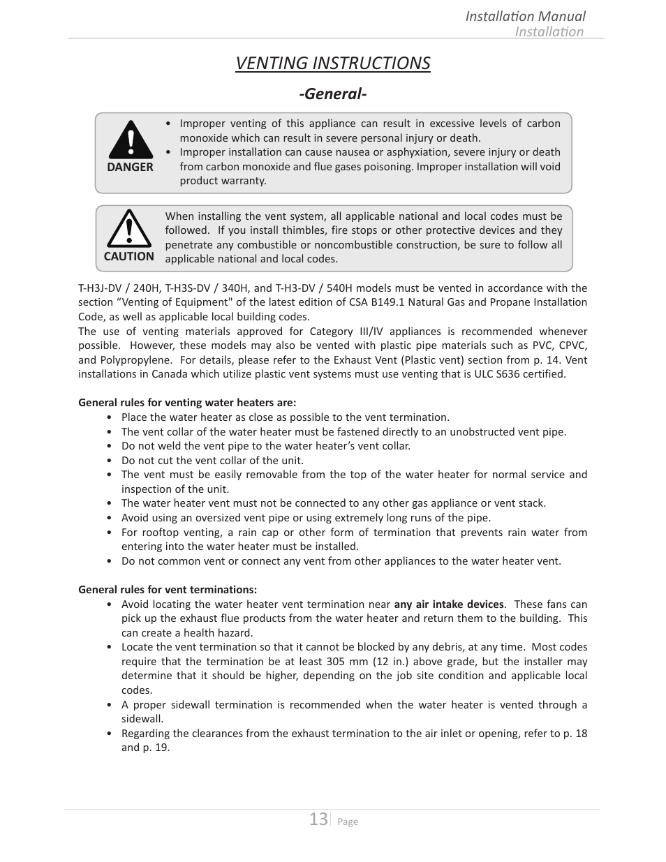 Venting instructions, General | John Wood Takagi - 240H-340H-540H User Manual | Page 13 / 60