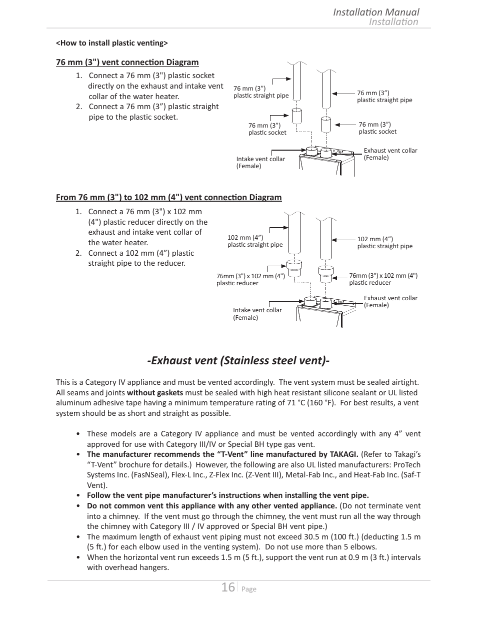 Exhaust vent (stainless steel vent), Installation installation manual | John Wood Takagi - 240H-340H-540H User Manual | Page 16 / 60