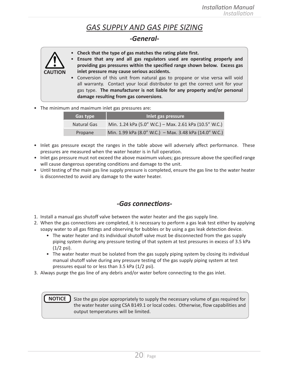 Gas supply and gas pipe sizing, General, Gas connections | John Wood Takagi - 240H-340H-540H User Manual | Page 20 / 60