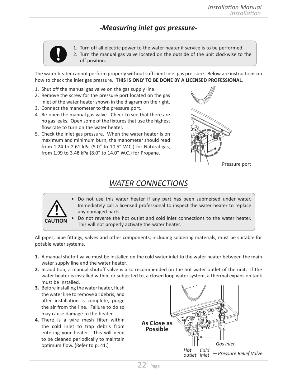 Water connections, Measuring inlet gas pressure | John Wood Takagi - 240H-340H-540H User Manual | Page 22 / 60