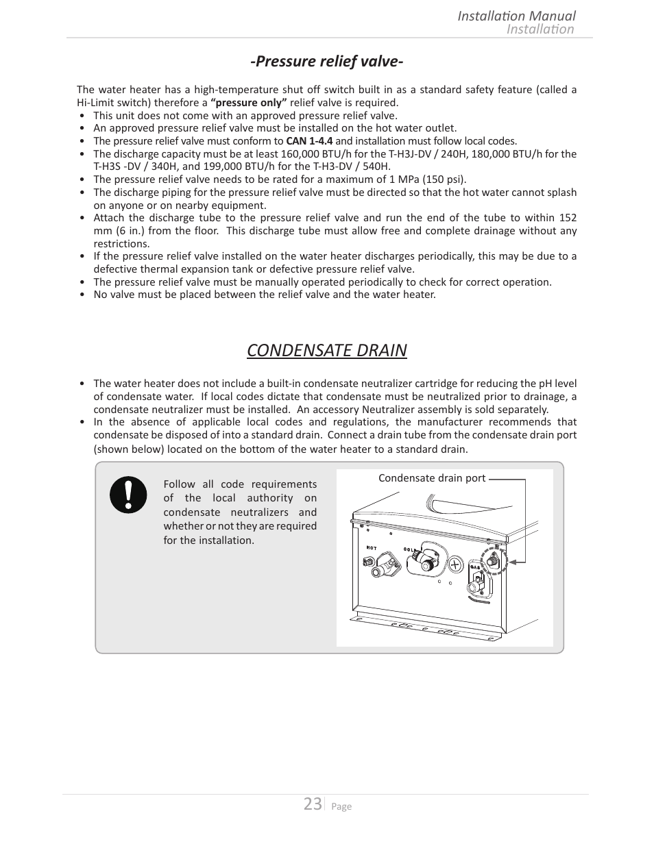 Condensate drain, Pressure relief valve | John Wood Takagi - 240H-340H-540H User Manual | Page 23 / 60