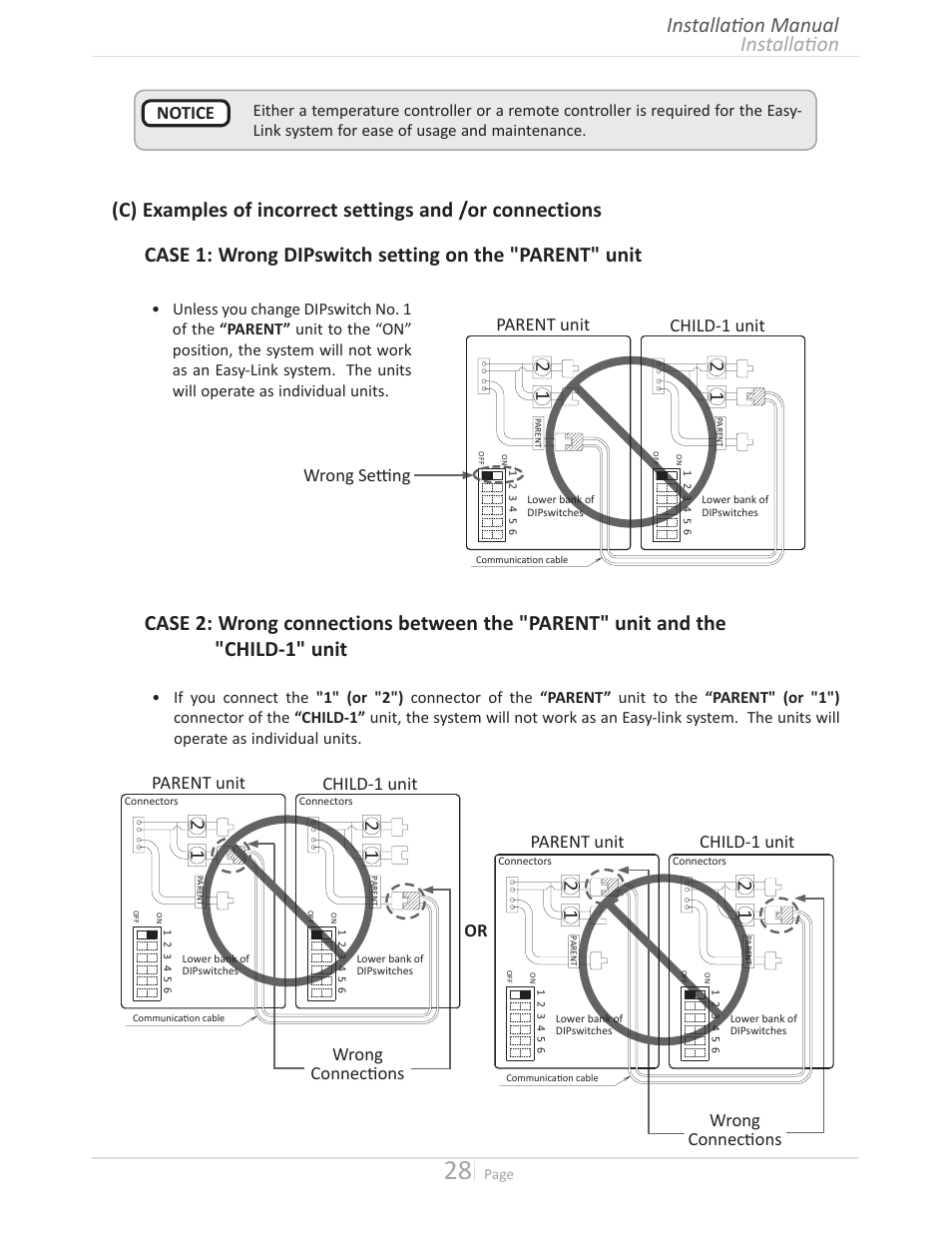 Installation installation manual, Parent unit child-1 unit wrong connections, Parent unit child-1 unit wrong setting | Notice | John Wood Takagi - 240H-340H-540H User Manual | Page 28 / 60