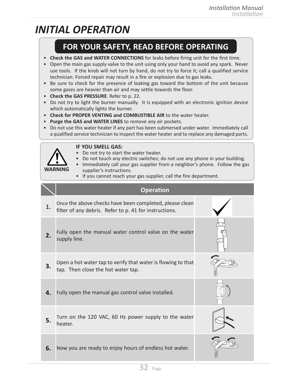 Initial operation, For your safety, read before operating | John Wood Takagi - 240H-340H-540H User Manual | Page 32 / 60