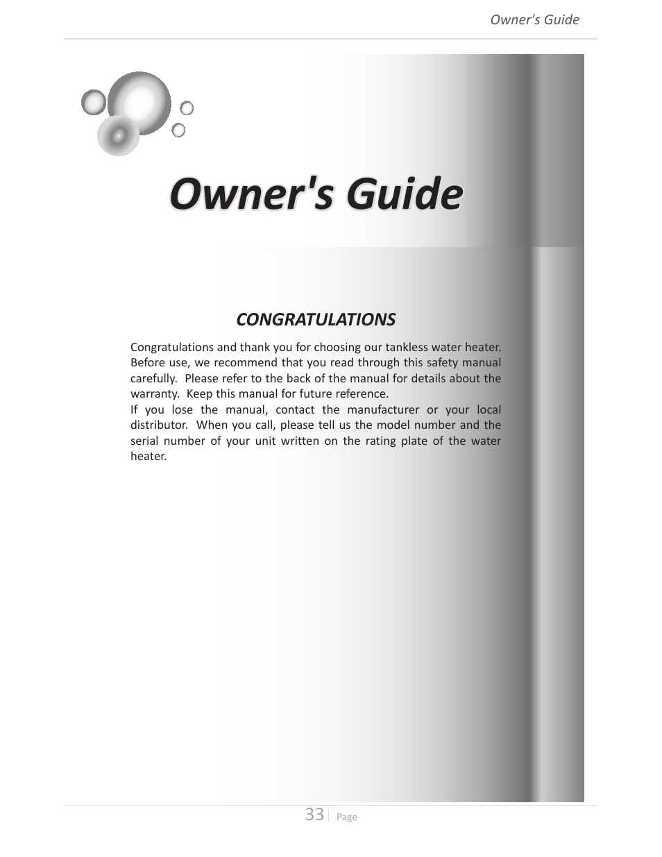 Owner's guide | John Wood Takagi - 240H-340H-540H User Manual | Page 33 / 60