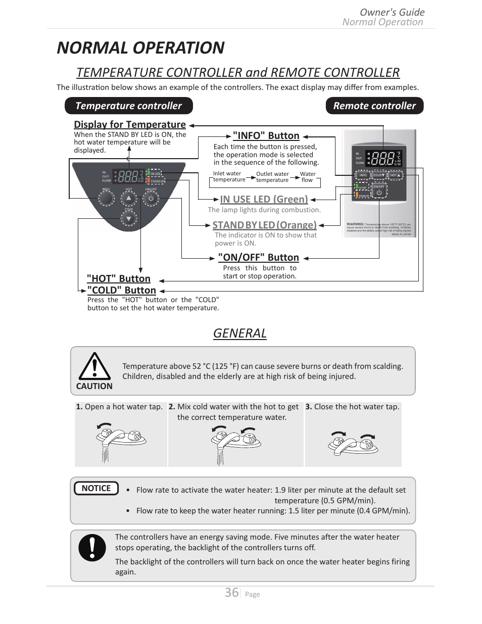 Normal operation, Temperature controller and remote controller, General | John Wood Takagi - 240H-340H-540H User Manual | Page 36 / 60