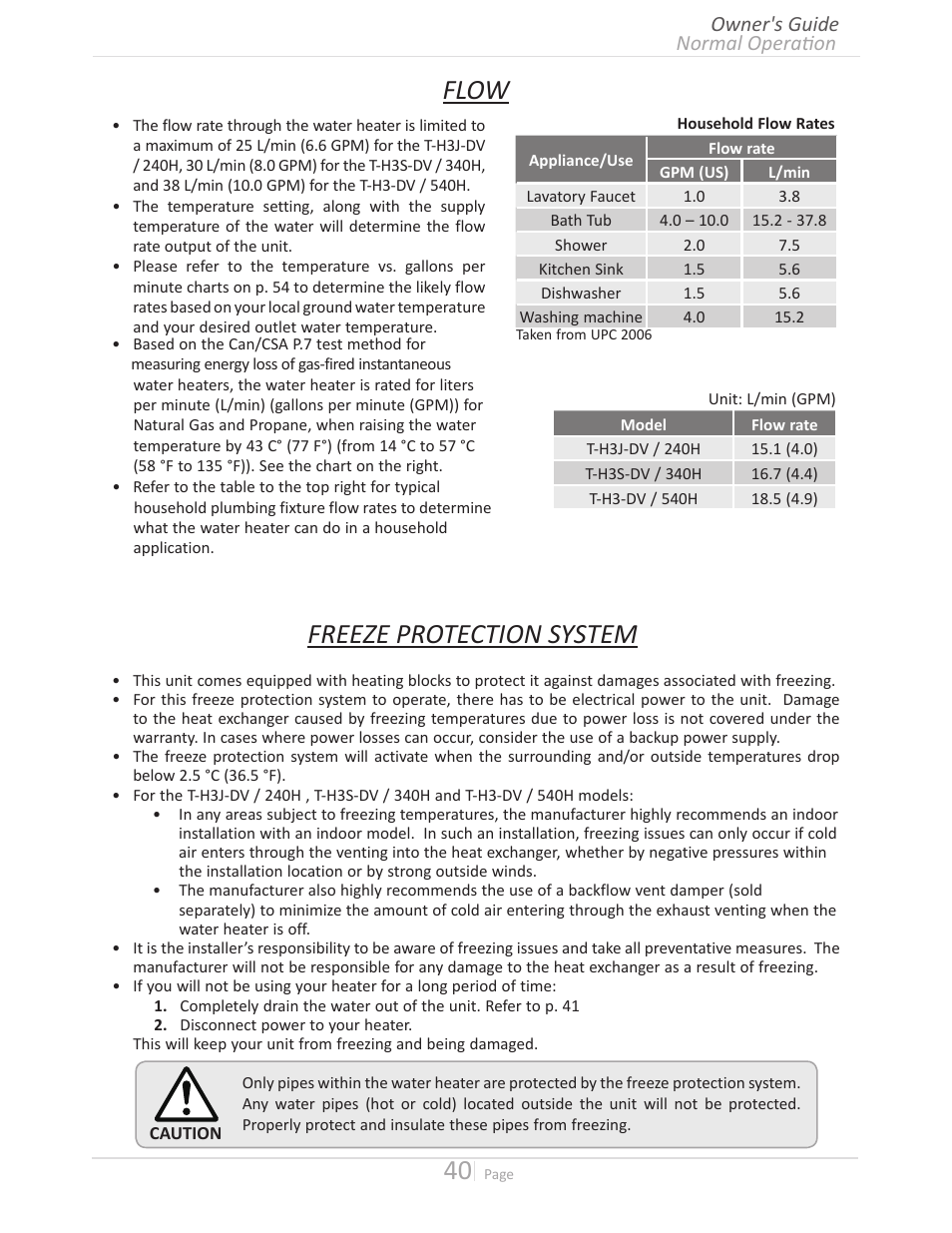 Flow, Freeze protection system, Normal operation owner's guide | John Wood Takagi - 240H-340H-540H User Manual | Page 40 / 60